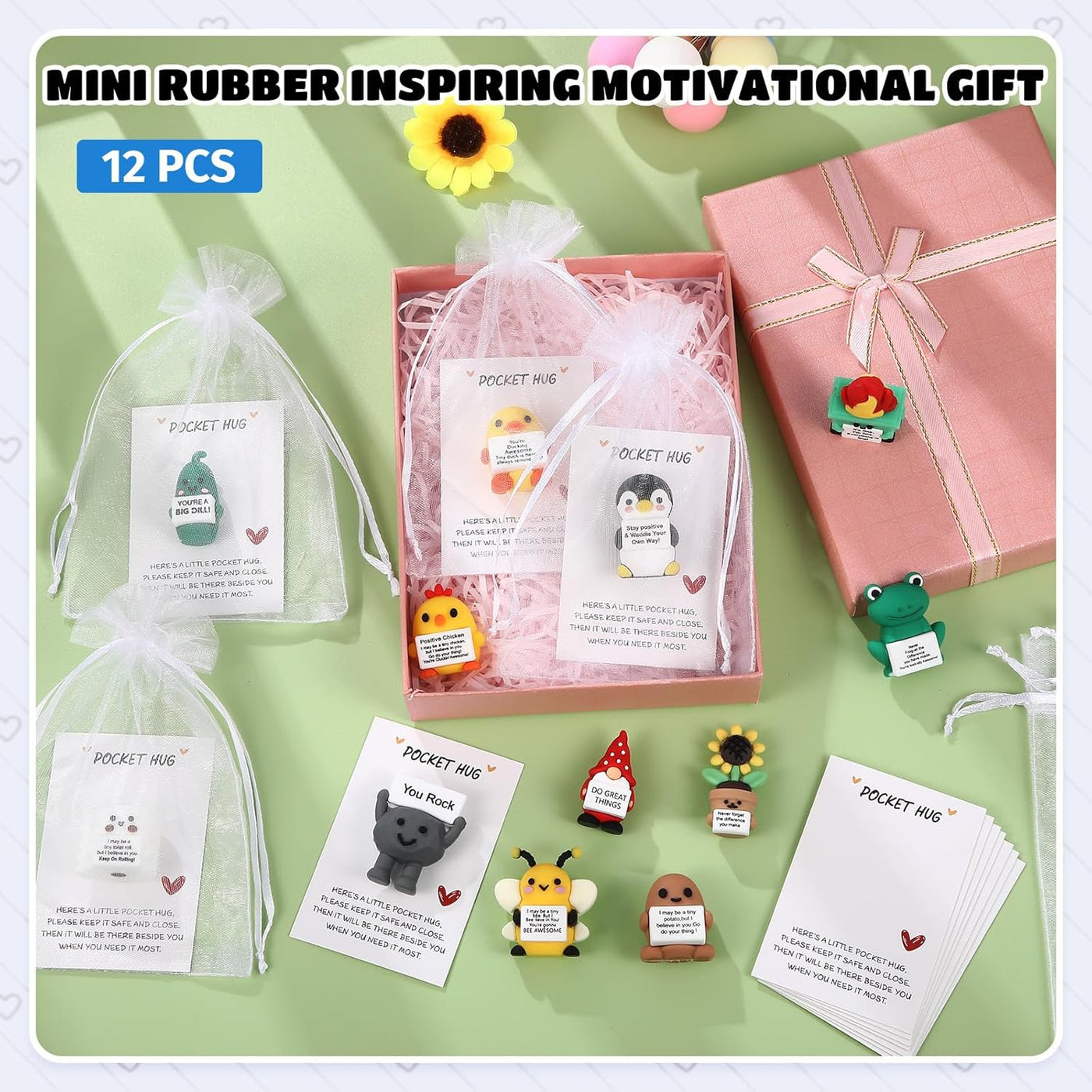 Gejoy 12 Pcs Pocket Hug Gift Set Tiny Rubber Figurines with Inspirational Message Organza Bags Glue Points Motivational Positive Gifts for Graduation Family Friends Colleagues Teachers(Stylish)