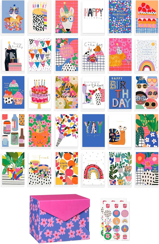 American Greetings 30-Count All Occasions Card Bundle with Keepsake Box and Envelopes- Designed by Stop The Clock