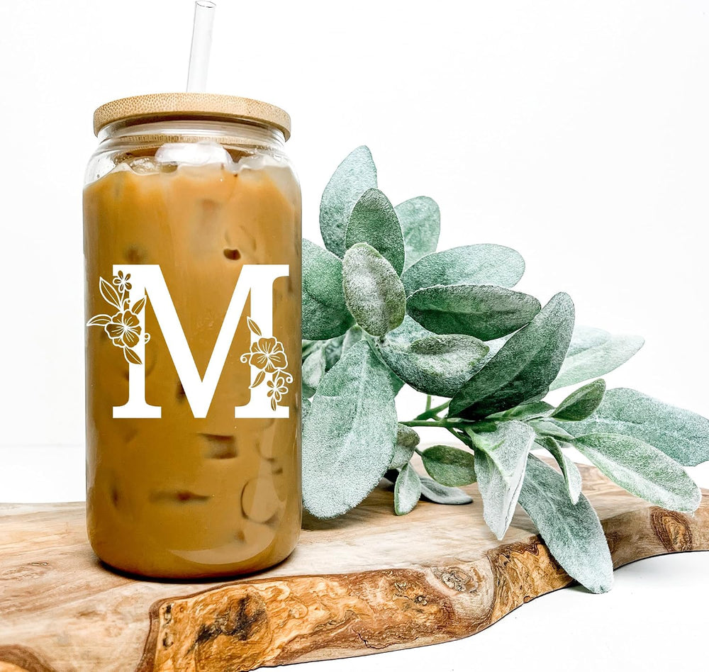 Personalized Tumbler, Monogrammed Can Glass Cups with Bamboo Lids and Straws, Customized Gifts for Women, Cute Design Initial Iced Coffee glasses, Custom Letter Mug, Birthday Bridesmaid, W