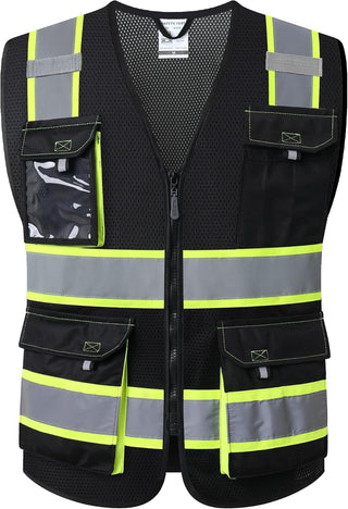 JKSafety Hi Vis Reflective Safety Vests for Men Women High Visibility Vest with Pockets Mesh Fabric Construction Safety Apparel Neon Vest for Work (220-Black L)