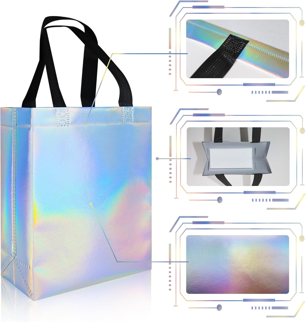 cabzymx 18 Pcs Glossy Iridescent Small Gift Bags Bulk, 8x3.9x9.8 In Non-woven Party Bags for Present with Sturdy Bases for Birthday, Wedding, Easter, Party, Holiday