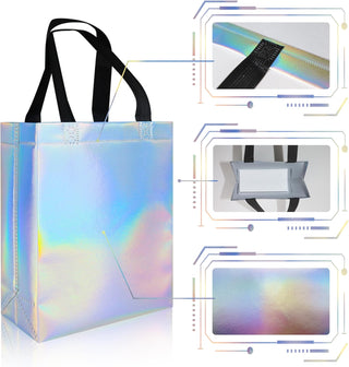 cabzymx 18 Pcs Glossy Iridescent Small Gift Bags Bulk, 8x3.9x9.8 In Non-woven Party Bags for Present with Sturdy Bases for Birthday, Wedding, Easter, Party, Holiday