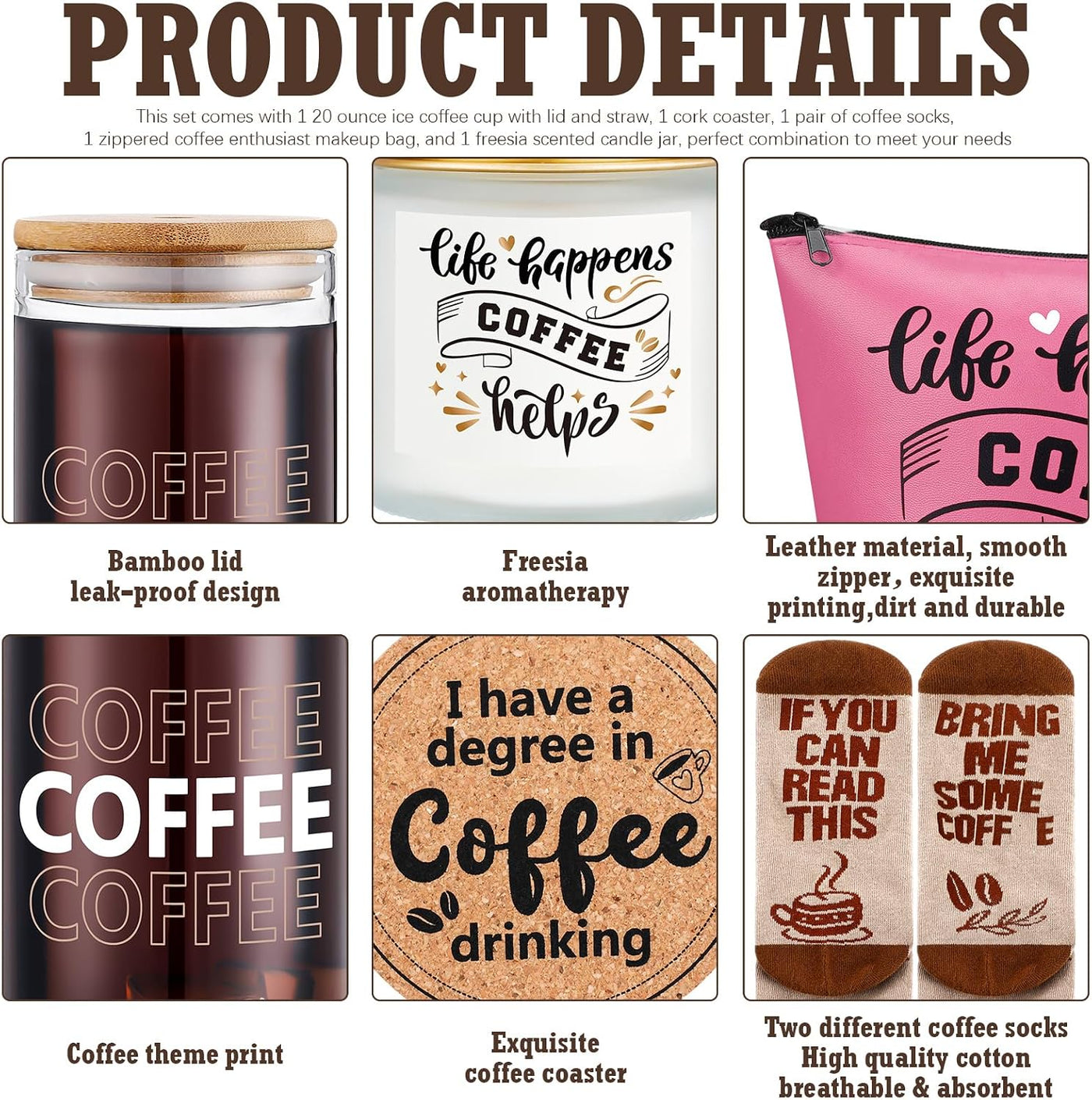 Dandat 5 Pieces Coffee Lovers Gifts Set 20 oz Iced Drink Cups with Lids and Straws Round Cork Coaster, Socks, Makeup Bag, Candle Jar Coffee Gift Basket for Men Women