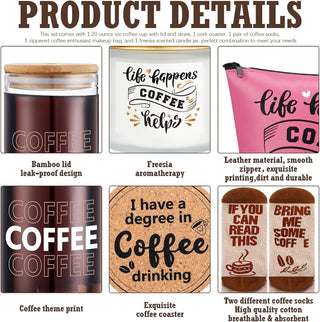 Dandat 5 Pieces Coffee Lovers Gifts Set 20 oz Iced Drink Cups with Lids and Straws Round Cork Coaster, Socks, Makeup Bag, Candle Jar Coffee Gift Basket for Men Women