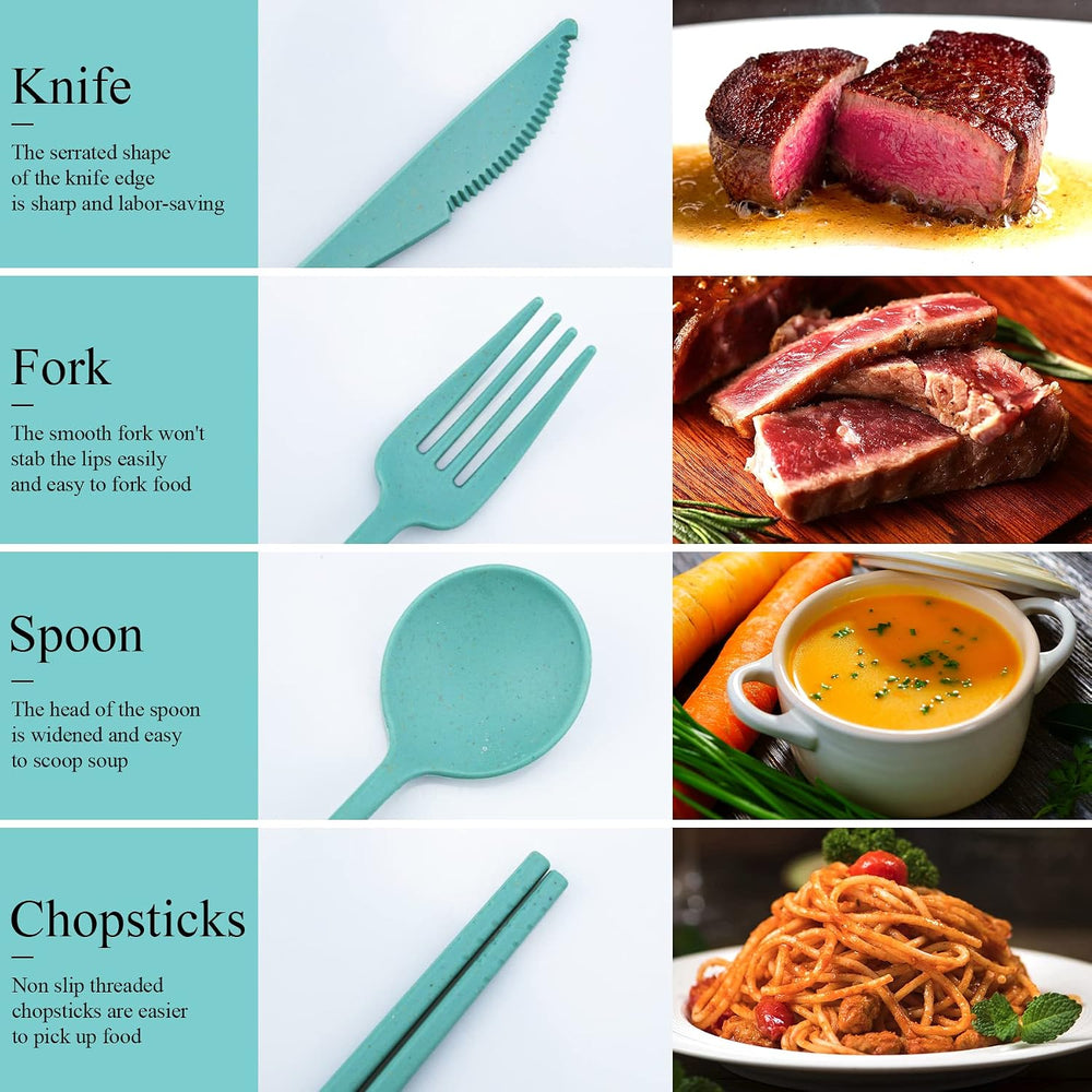 DISSKNIC Reusable Travel Utensils with Case, 4 Sets Wheat Straw Portable Cutlery Set Chopsticks Knives Fork and Spoon for Lunch Box Accessories, Camping Flatware Sets for Daily Use or Outdoor