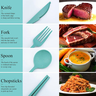 DISSKNIC Reusable Travel Utensils with Case, 4 Sets Wheat Straw Portable Cutlery Set Chopsticks Knives Fork and Spoon for Lunch Box Accessories, Camping Flatware Sets for Daily Use or Outdoor