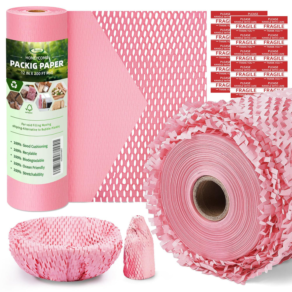 Honeycomb Packing Paper,12 inch x 200 ft Bubble Cushioning Wrap for Packing Moving,Products Gifts Wrapping Paper,Recyclable and Biodegradable Shipping Packing Materials with 20 Fragile Sticker Labels
