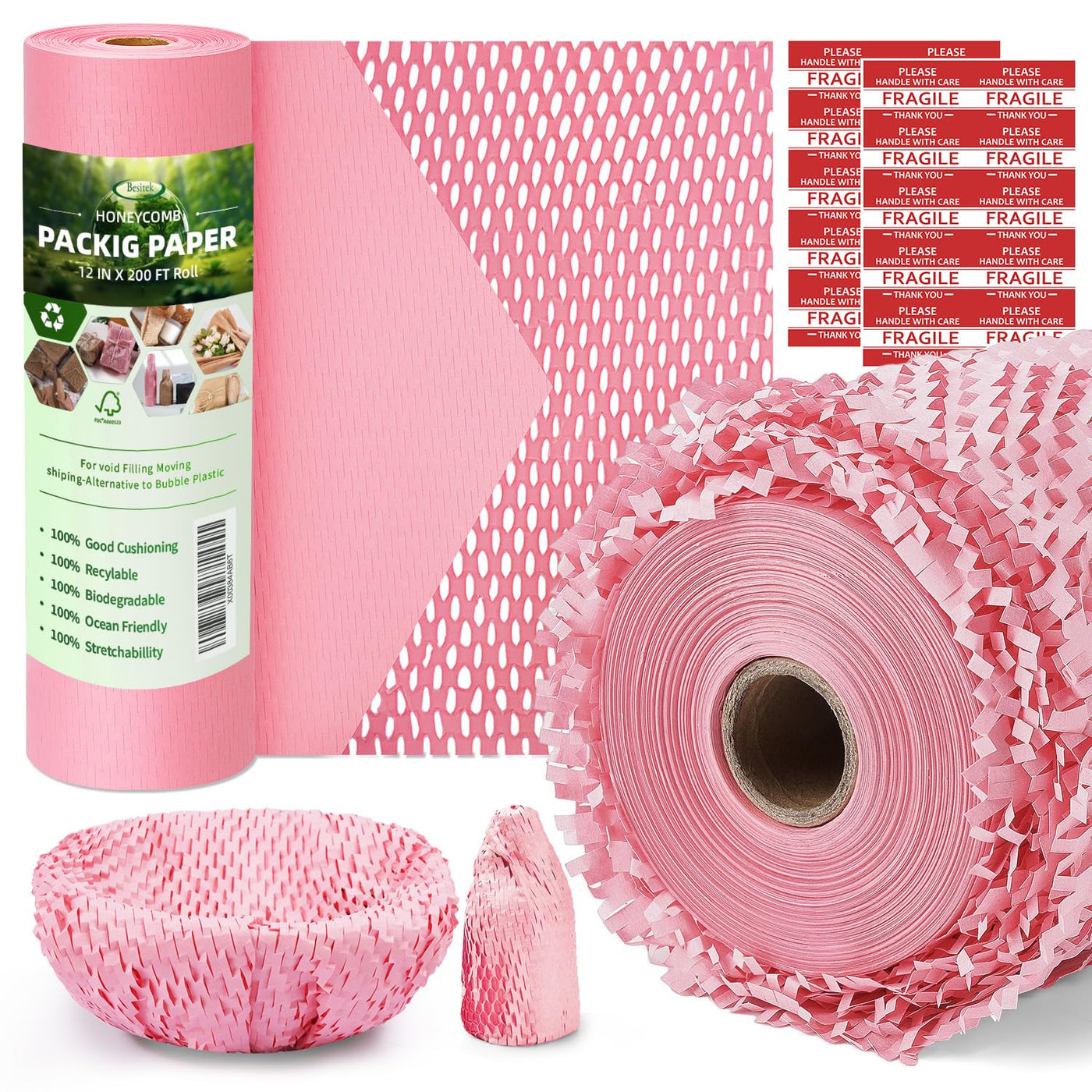 Honeycomb Packing Paper,12 inch x 200 ft Bubble Cushioning Wrap for Packing Moving,Products Gifts Wrapping Paper,Recyclable and Biodegradable Shipping Packing Materials with 20 Fragile Sticker Labels