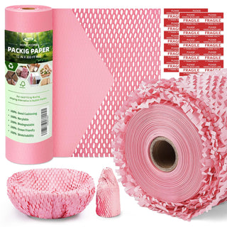 Honeycomb Packing Paper,12 inch x 200 ft Bubble Cushioning Wrap for Packing Moving,Products Gifts Wrapping Paper,Recyclable and Biodegradable Shipping Packing Materials with 20 Fragile Sticker Labels