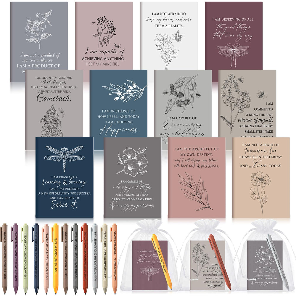 Mooliwe 24 Pcs Positive Affirmation Gift Set Gratitude Notebooks with Pens Small Bags Motivational Encouragement Notepads Daily Affirmations Journal for Women Stress Relief Self Care (Watercolor)