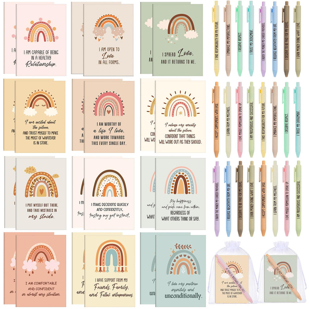 Mooliwe 24 Pcs Positive Affirmation Gift Set Gratitude Notebooks with Pens Small Bags Motivational Encouragement Notepads Daily Affirmations Journal for Women Stress Relief Self Care (Watercolor)
