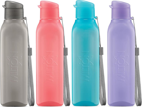 MILTON Sports Water Bottle Square Juice Box 4 Set 17 oz. Great for Juices Milk Smoothies Plastic Wide-Mouth Reusable Leak Proof Drink Bottle/Carton for School Bags Lunch Boxes Gym Flip Lid -BPA Free