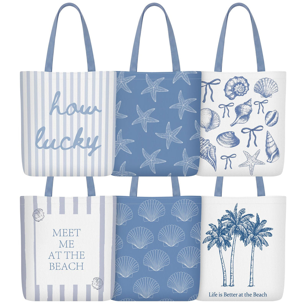 Reginary 6 Pcs Coastal Canvas Tote Bags with Pocket Summer Beach Themed Gifts Blue Seashell Starfish Conch Coral Pattern