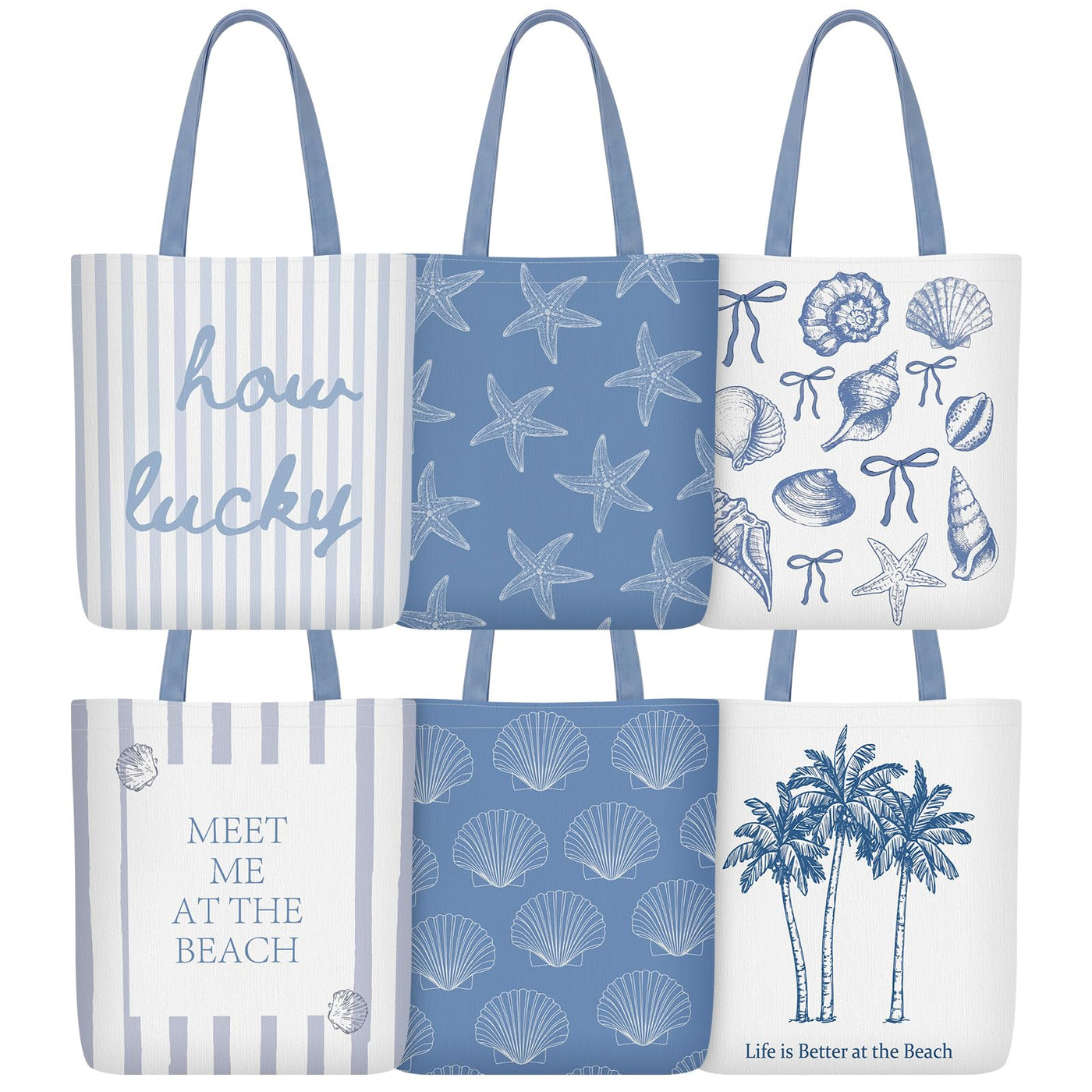 Reginary 6 Pcs Coastal Canvas Tote Bags with Pocket Summer Beach Themed Gifts Blue Seashell Starfish Conch Coral Pattern