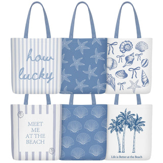 Reginary 6 Pcs Coastal Canvas Tote Bags with Pocket Summer Beach Themed Gifts Blue Seashell Starfish Conch Coral Pattern