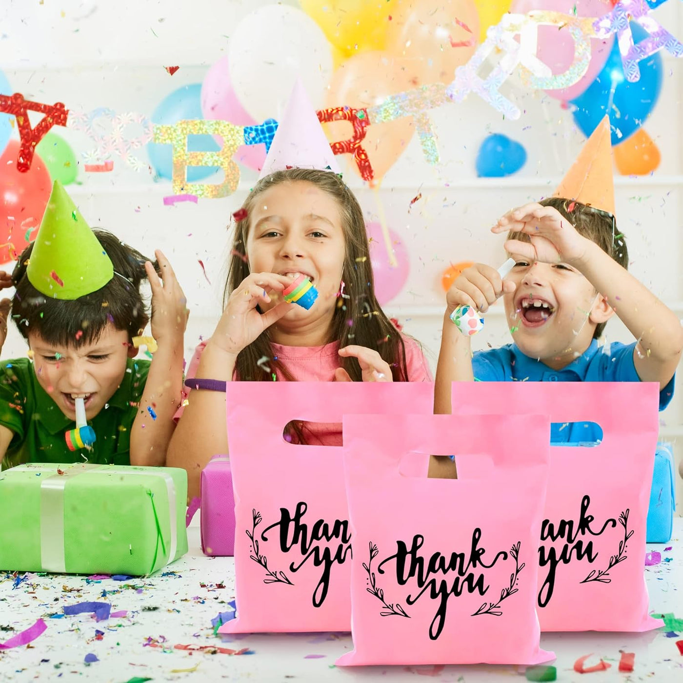 KEEPARTY 100 PCS Small Thank You Merchandise Bags Plastic Goodie Bags Party Favor Bags for Birthday Party Baby Shower Wedding Merchandise Gifts Trade Shows (Pink)