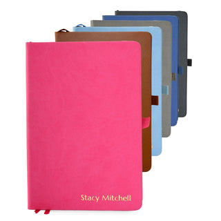 Promot Ruled Journal Notebook - Custom Embossed Text with Gold Metallic Foil - A5 Sky Blue 192 Lined Pages 8.2 x 5.5 Inch, 100 GSM, Pen Loop, Inner Pocket, Elastic Band, PU Leather Hardcover