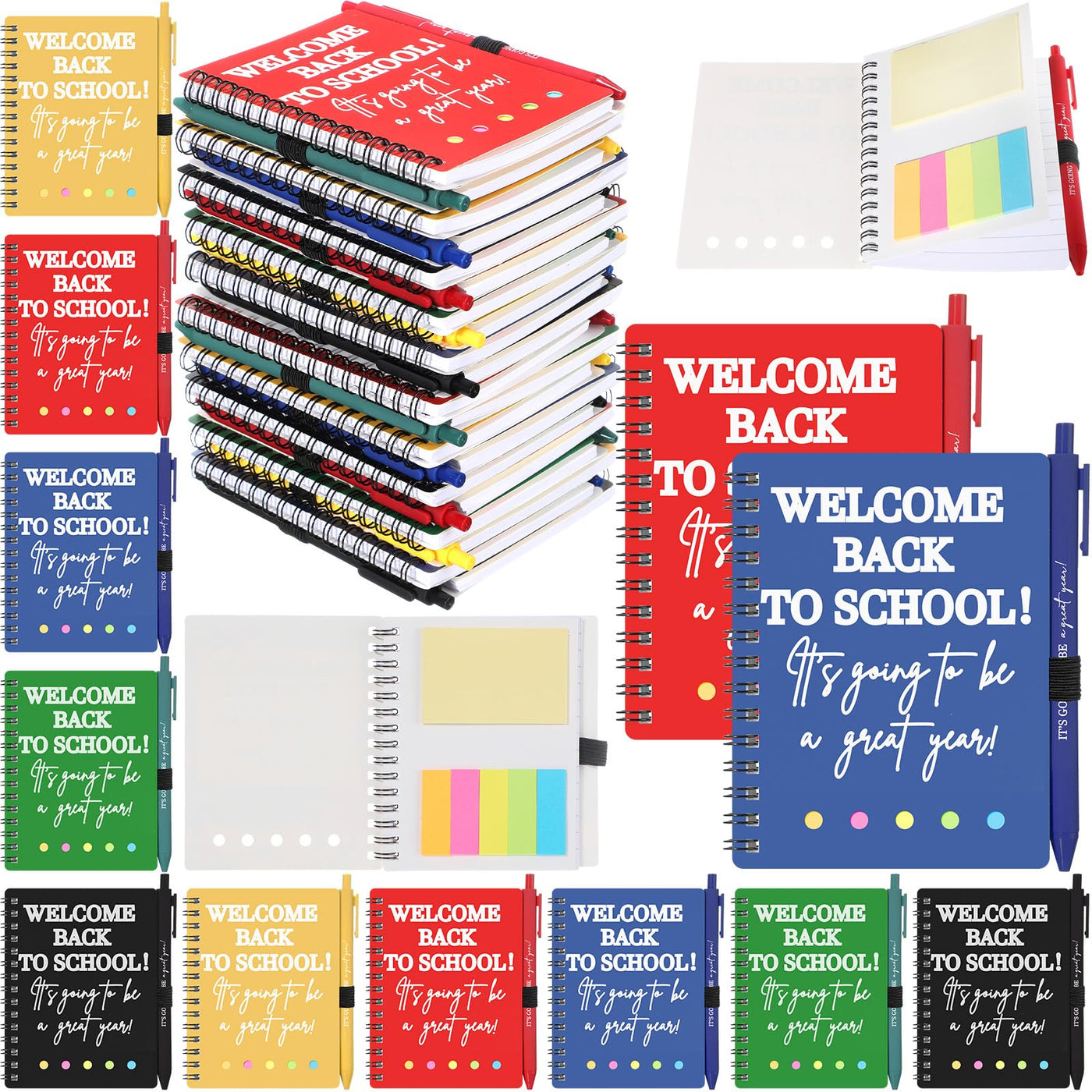 Dunzoom 40 Pcs Welcome Back to School Gifts Bulk Spiral Notebooks with Sticky Notes Motivational Pens First Day of School Notepads Party Favor for Teacher Student Classroom(Terrazzo Tones,Multicolor)