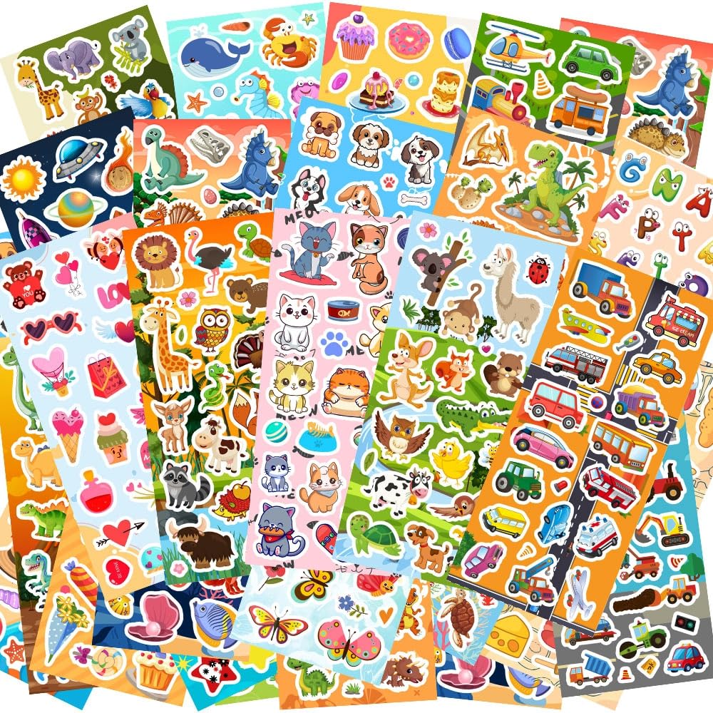 48 Sheets Stickers for Kids, Cute Stickers Variety Pack for Scrapbooking, Teachers Classroom Prizes, Goodie Bag Stuffers Including Animals, Cars, Dinosaurs, Fishes, Hearts, Stars and More