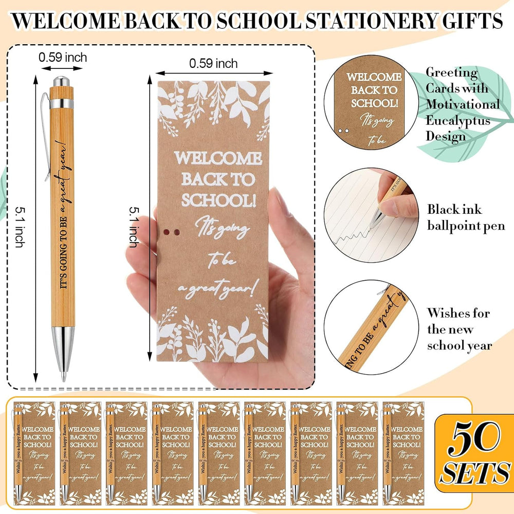 Dunzoom 50 Sets Welcome Back to School Gifts Include Greeting Cards and Inspirational Ballpoint Pens First Day of School Stationery Set for Teachers Students Reward Supplies(Paper,Fresh Style)