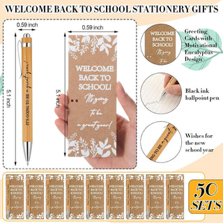 Dunzoom 50 Sets Welcome Back to School Gifts Include Greeting Cards and Inspirational Ballpoint Pens First Day of School Stationery Set for Teachers Students Reward Supplies(Paper,Fresh Style)