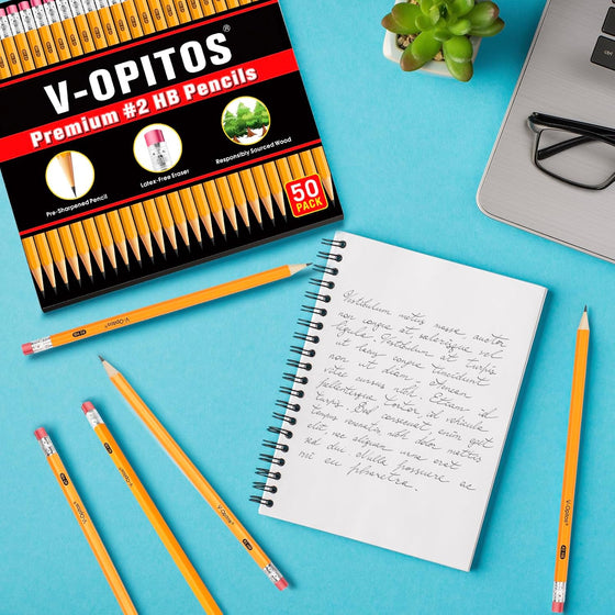 V-Opitos Wood-Cased #2 HB Pencils, 50 Pack Bulk Yellow Pencils with Erasers, Pre-Sharpened, School Classroom Teacher Supplies for Writing, Drawing and Sketching - hover image
