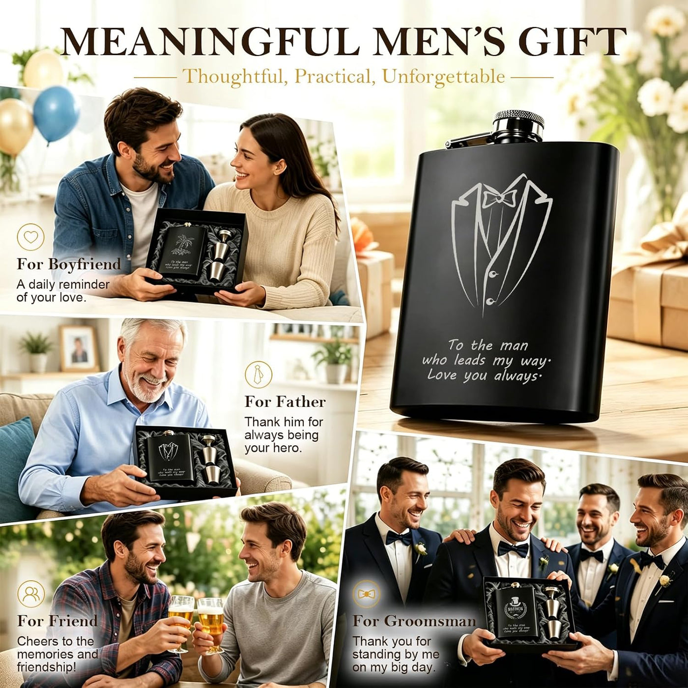 Personalized Photo Flask Custom Engraved Stainless Steel Liquor Flask 8oz Unique Gift Men Husband Dad Groomsmen Wedding Birthday Anniversary Fathers Day (Custom Design)