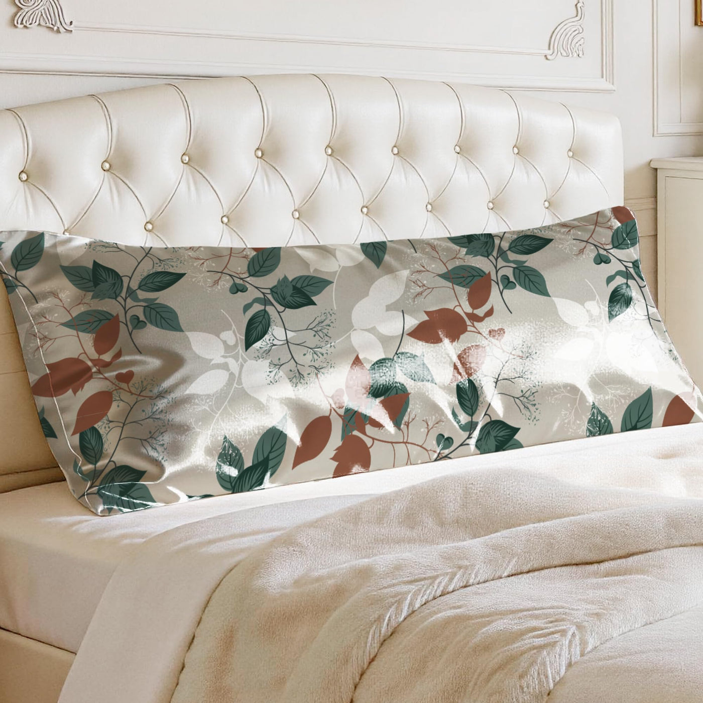 EXQ Home Silky Satin Pillowcase for Hair and Skin,Printed Pillow Cases Standard Size Set of 2 Satin Pillow Case 2 Pack with Envelope Closure(Ink Leaf, 20x26)