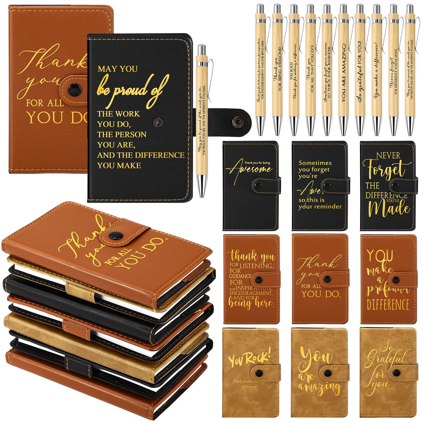 Dispowreath 10 Sets Thank You Leather Journal Bulk Fathers Day Coworkers Gift Inspirational Notebook with Bamboo Pen CNA Week Gift Appreciation Notepad for Employee Teacher Nurse Staff (Dark Brown)