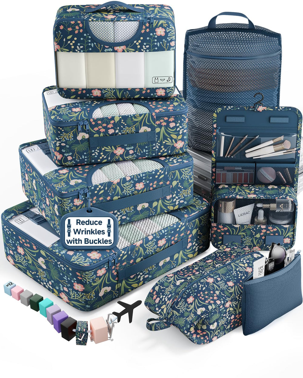 Veken 10 Set/8 Set Packing Cubes for Travel Essentials,Anti-Wrinkle Buckled Suitcase Organizer for Shoe & Toiletry Bag,Carry On Luggage Bag for Airplane & College Dorm Room Accessories,Women Men Gifts