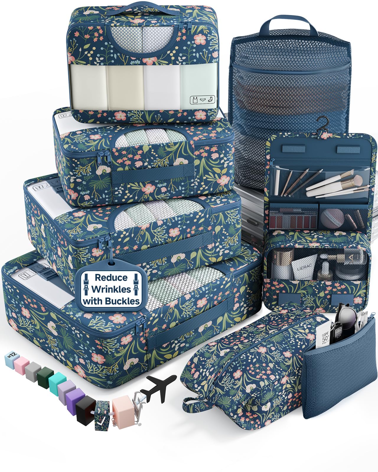 Veken 10 Set/8 Set Packing Cubes for Travel Essentials,Anti-Wrinkle Buckled Suitcase Organizer for Shoe & Toiletry Bag,Carry On Luggage Bag for Airplane & College Dorm Room Accessories,Women Men Gifts