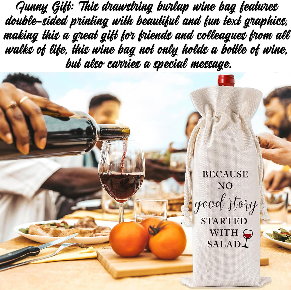 GiftoBi Reusable Burlap Wine Bag with Drawstring, 'Because No Good Story Started with Salad', Beige, 32*14cm, Multiple Occasions