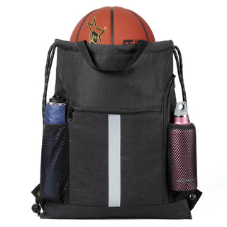BeeGreen Black Drawstring Backpack Gym Bag For Men Women String Sports Backpack With Water Bottle Mesh Pockets And 2 Zippered Pocket Large Cinch Sackpack Workout Bag 16" x 20"