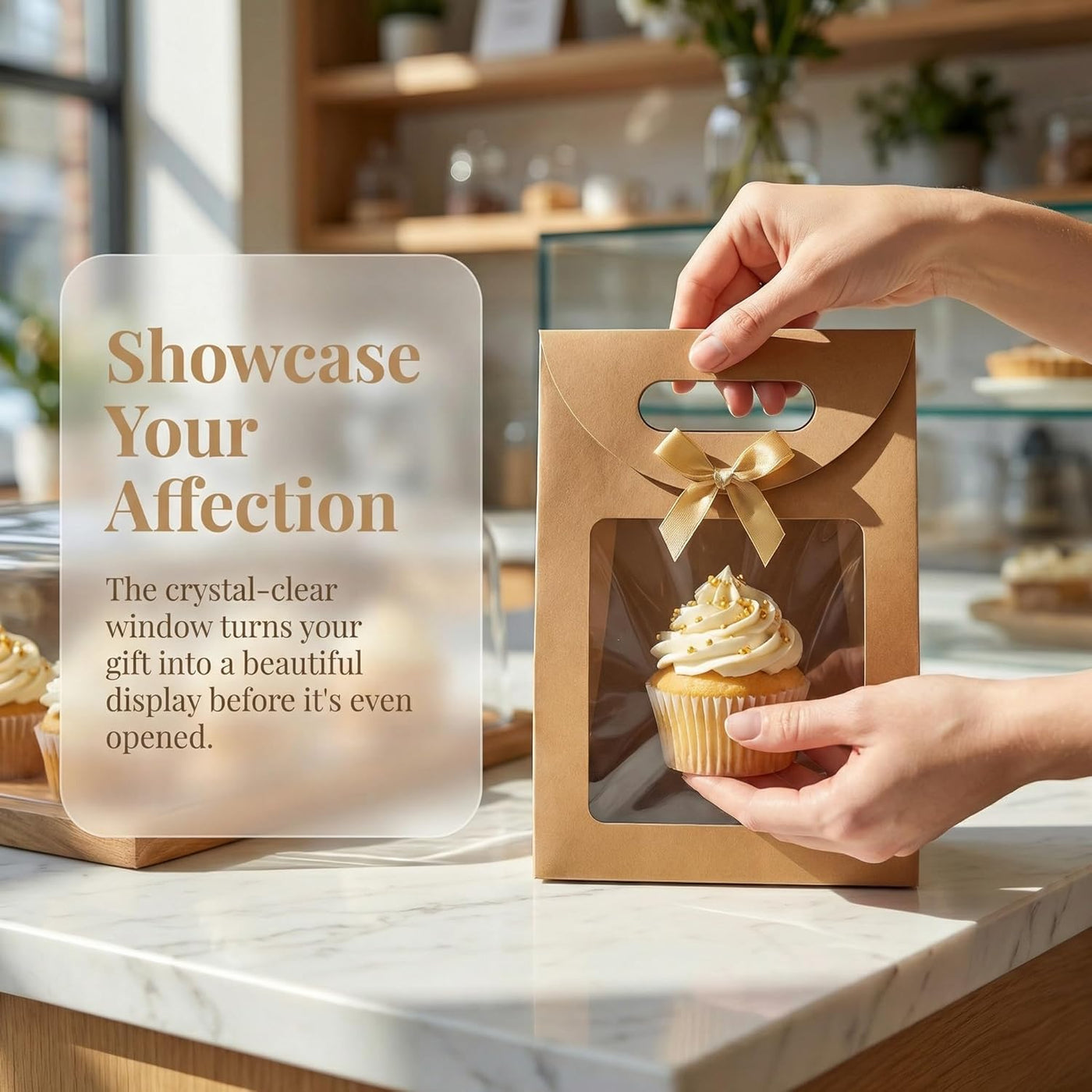 20pcs Elegant Kraft Paper Gift Bags with Clear Window & Sturdy Brown Cardboard Back -Stand Up Design with Rounded Corners & Twine Closure Recyclable Brown Cardboard Boxes for Holiday Party