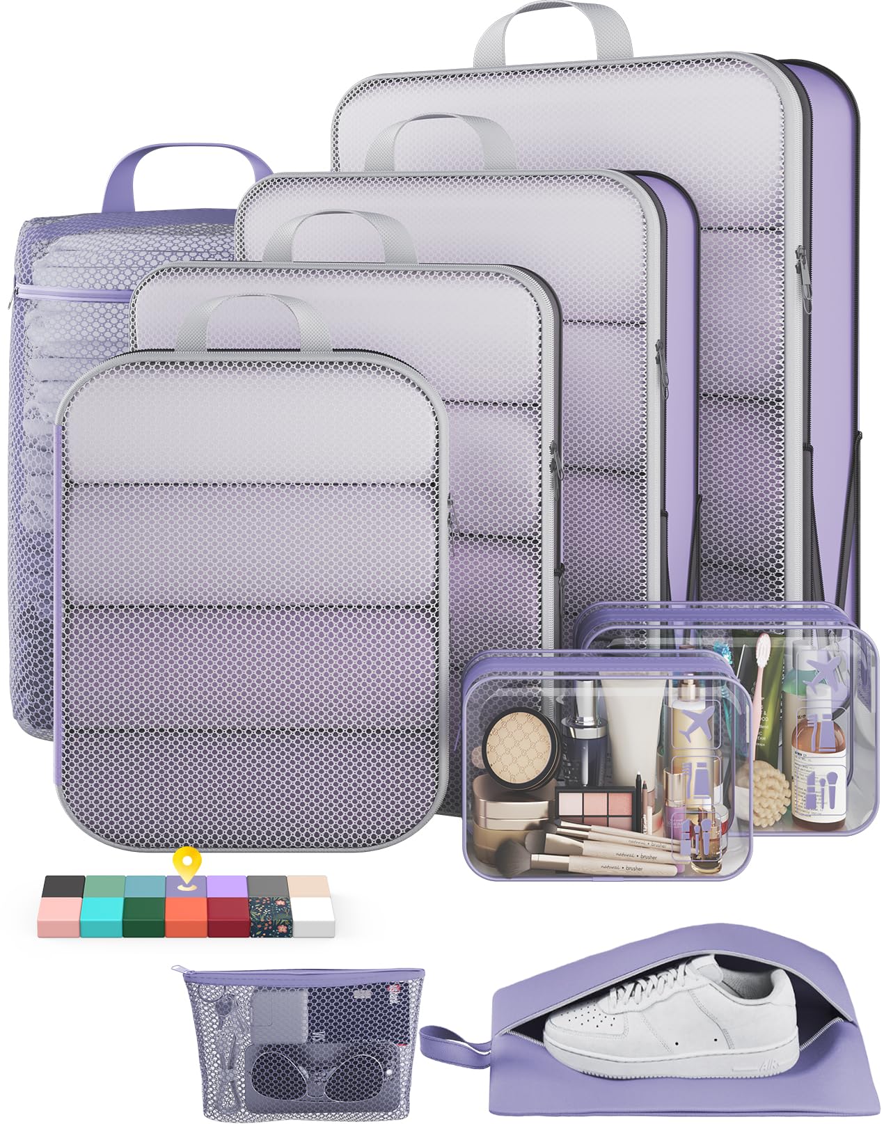 Veken 11-Pack Compression Packing Cubes for Travel Essentials,Compressible Expandable Large Luggage Suitcase Organizer Bags for Clothing,Durable Space Saver Bags with Toiletry Bags(Dark Green)