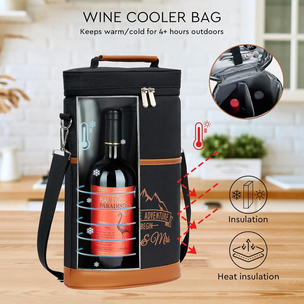 AW BRIDAL Mr and Mrs Gifts Bridal Shower Gifts His and Hers Gifts Wedding Gifts, Couple Engagement Gifts- Wine Gift Bag Wine Cooler Bag Insulated Wine Carrier Tote with Tumblers, Black C