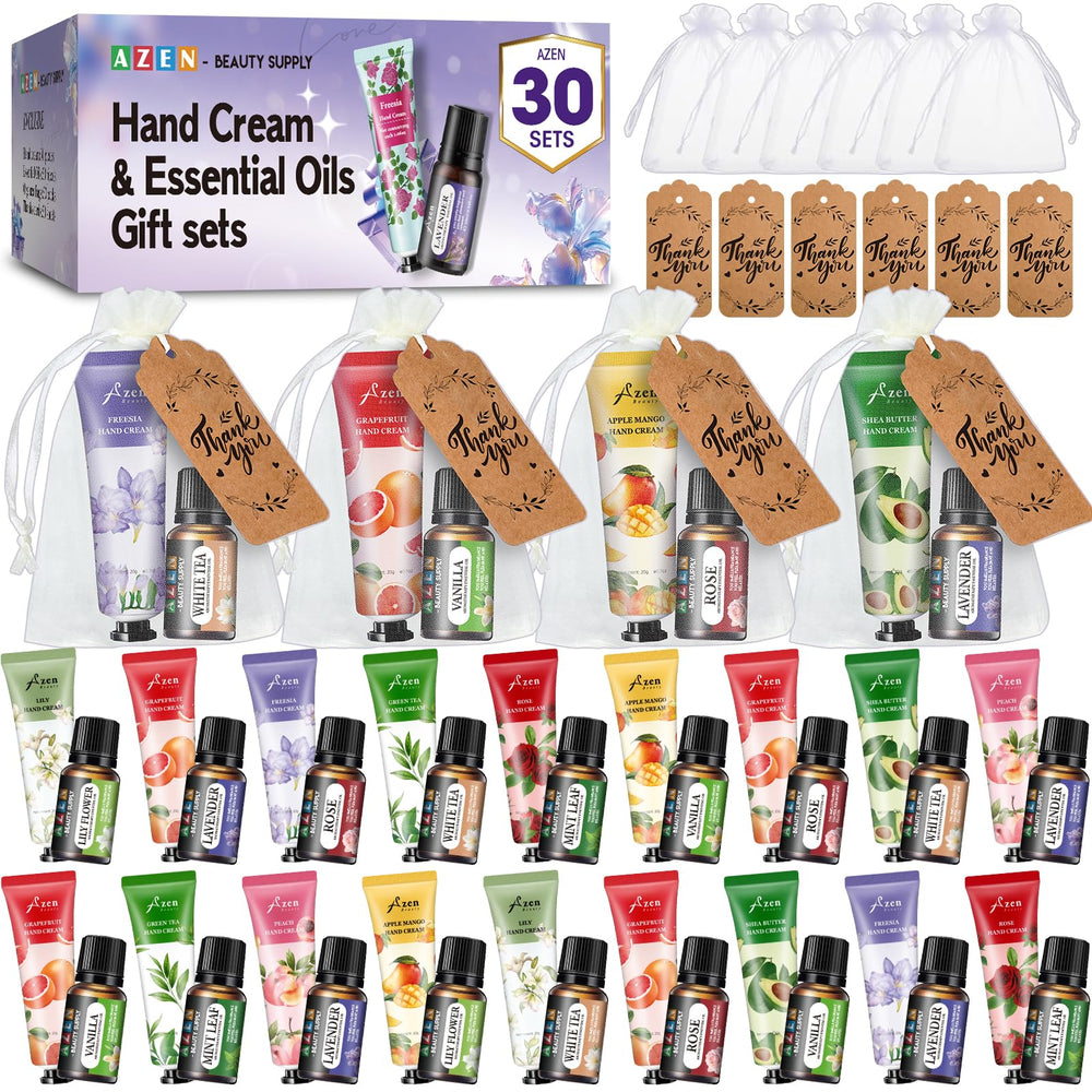 AZEN 30 Sets Bulk Gifts, Hand Cream and Lip Balm Bulk Set with Organza Bag Thank You Card, Baby Shower Wedding Gift for Guests, Bridal Wedding Favors for Guests, Mothers Day Gifts Stocking Stuffers