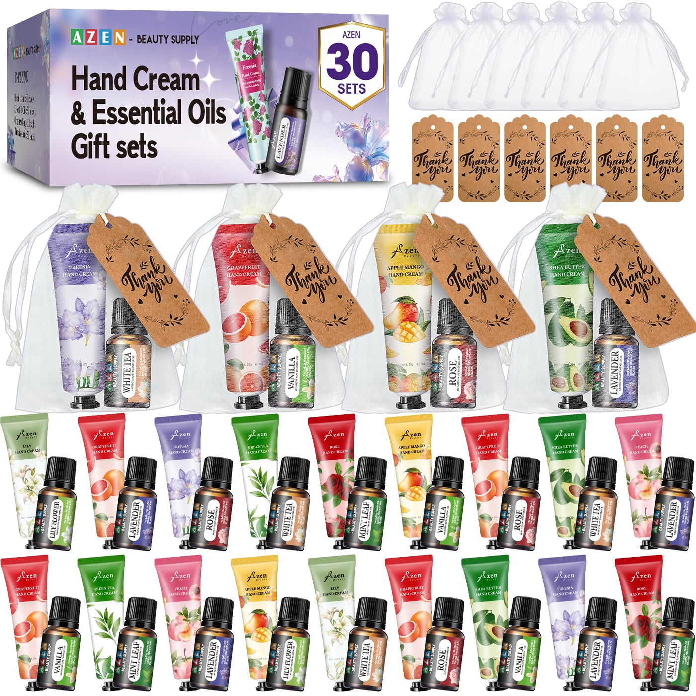 AZEN 30 Sets Bulk Gifts, Hand Cream and Lip Balm Bulk Set with Organza Bag Thank You Card, Baby Shower Wedding Gift for Guests, Bridal Wedding Favors for Guests, Mothers Day Gifts Stocking Stuffers