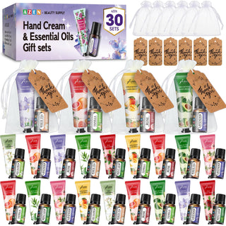 AZEN 30 Sets Bulk Gifts, Hand Cream and Lip Balm Bulk Set with Organza Bag Thank You Card, Baby Shower Wedding Gift for Guests, Bridal Wedding Favors for Guests, Mothers Day Gifts Stocking Stuffers