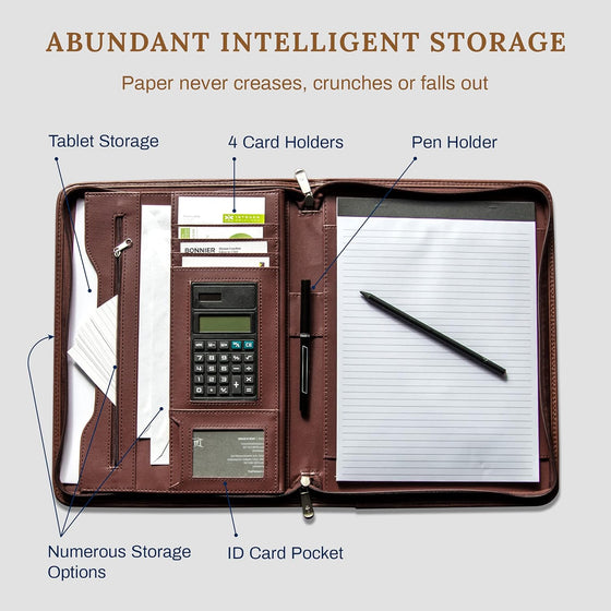 Cossini Premium Business Portfolio with Zipper – Padfolio - Superior Business Impressions Begin with PU Vegan Leather, 10.1 Inch Tablet Sleeve, Smart Storage, Solar Calculator, Writing Pad -Brown - hover image