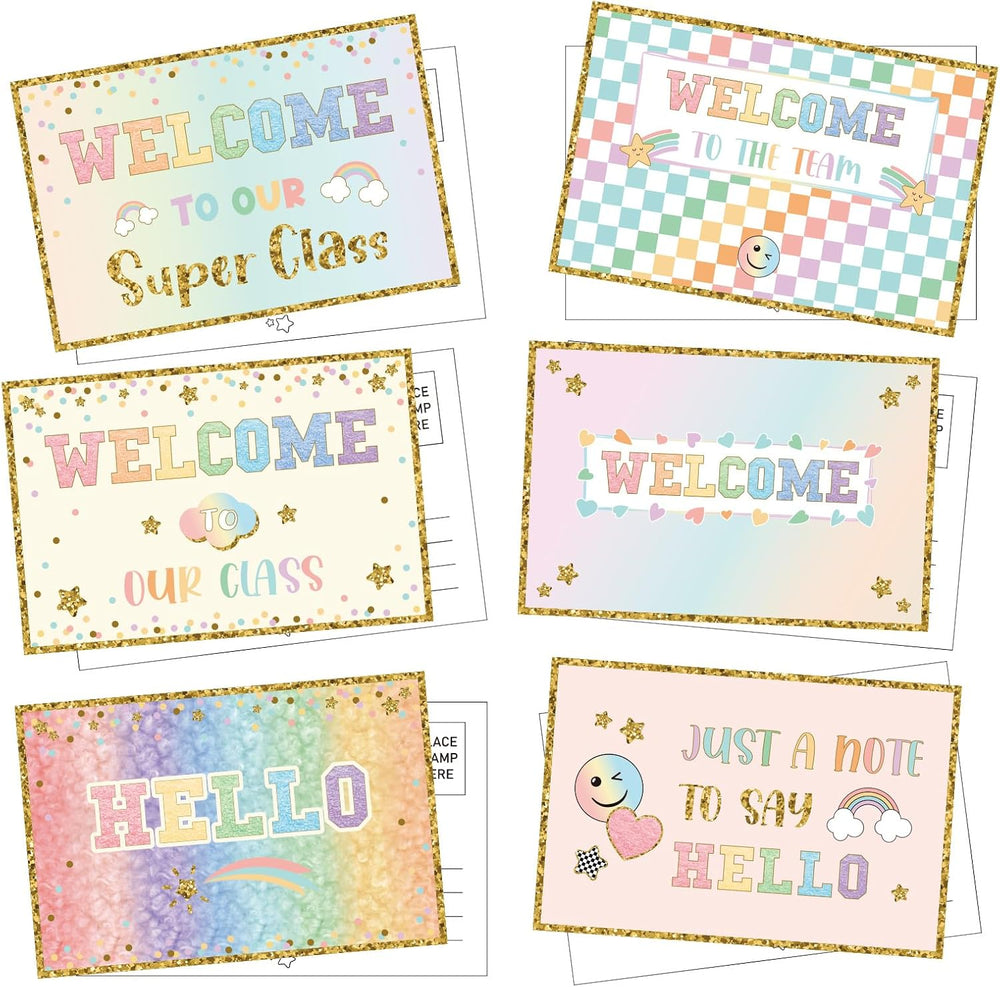 Gilprop 60 Pcs Pastel Checkerboard Welcome Postcards 4 x 6 Inches Hello Postcards Welcome Back to School Cards Welcome to Class Post Cards Blank Postcards for Kids Adults Teacher Students Team