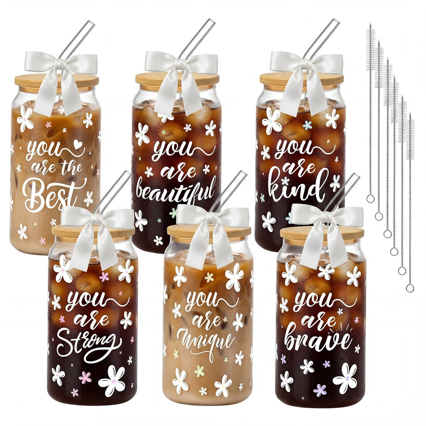 6Pcs Thank You Gifts Glass Cups with Lids and Straws 16oz Employee Appreciation Drinking Glasses Cups Thank You Iced Coffee Cup Tumbler Gifts for Employee Staff Coworkers Teachers Nurse