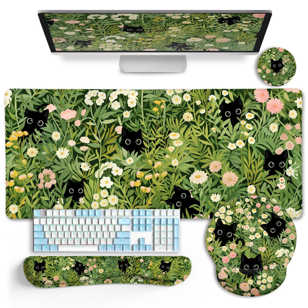 LIMKRIAN Desk Mat Set, Large Gaming Mouse Pad with Wrist Rest, Ergonomic Mouse Pad Keyboard Mat Wrist Support, Cup Coaster, Home Office Desk Accessories Decor Supplies, Funny Black Cat
