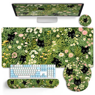 LIMKRIAN Desk Mat Set, Large Gaming Mouse Pad with Wrist Rest, Ergonomic Mouse Pad Keyboard Mat Wrist Support, Cup Coaster, Home Office Desk Accessories Decor Supplies, Funny Black Cat