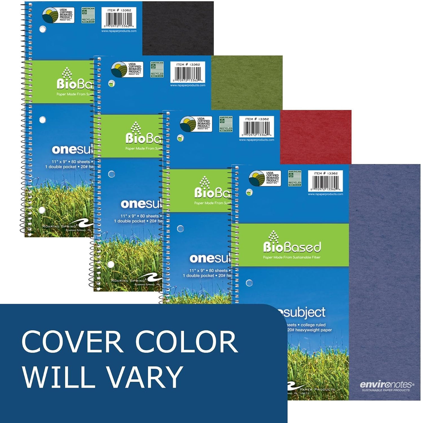 ROARING SPRING Environotes College Ruled Spiral Notebook, 1 Subject Recycled School Notebook with Storage Pocket, 11" x 9", 80 Perforated Sheets 20 lb Paper, 3 Hole Punched, Made in USA
