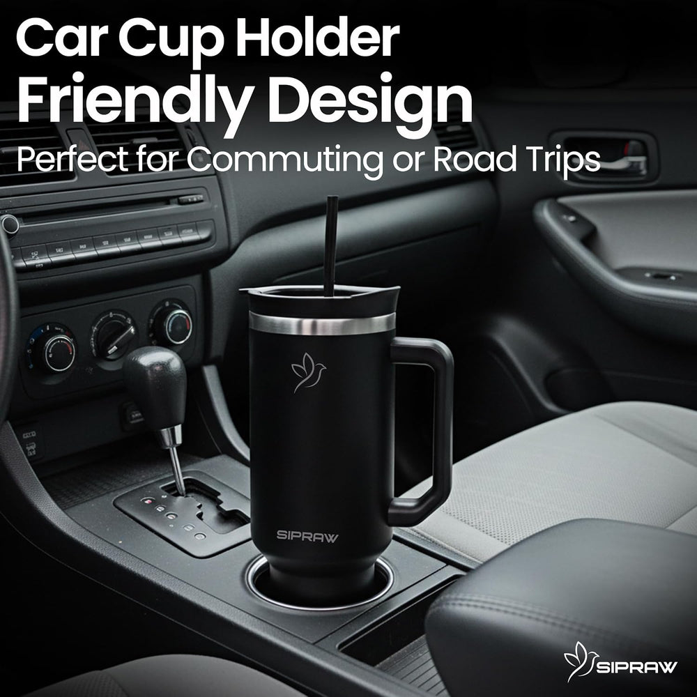 40oz Tumbler with Handle and Straw Insulated Stainless Steel Travel Mug Vacuum Double Wall Coffee Cup Leak Resistant Lid BPA-Free Cup Holder Friendly for Hot & Cold Drinks, Black
