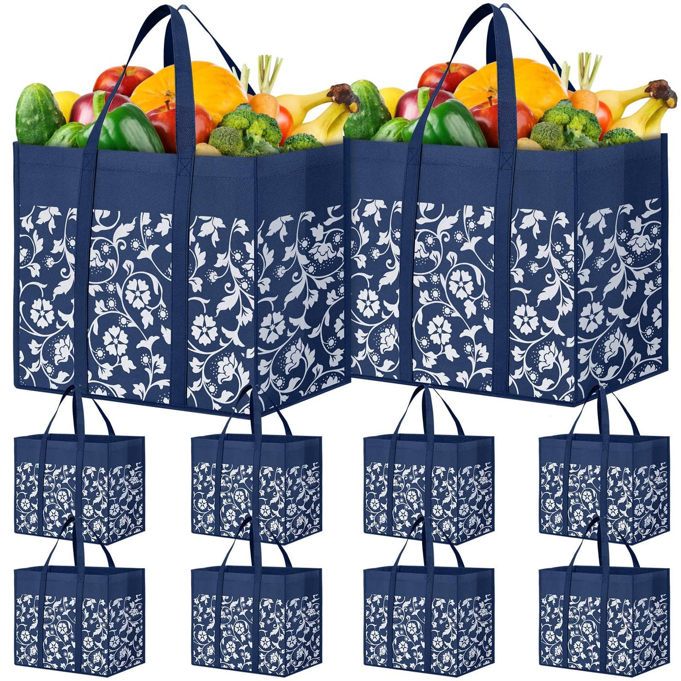WOWBOX Reusable Grocery Bags Foldable Tote Bags Bulk with Reinforced Handles Shopping Bags for Groceries Heavy Duty Kitchen Reusable Grocery Bags with Waterproof Coating 4-Pack, Blue