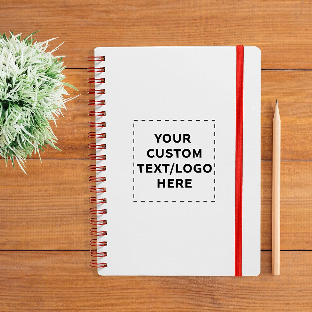 DISCOUNT PROMOS Personalized Custom White Spiral Notebook with Elastic Band Pack – 10/50/100 Pack, Customizable Text & Logo, 80 Lined Pages, Recycled Paper – Red
