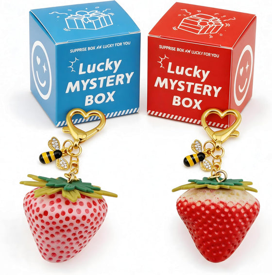 2 Pack Strawberry Bag Charm Lucky Mystery Box, Cute Fruit Blind Box Keychain Set Surprise Gift for Women Girls, Big Strawberry with Bee Pendant with 2 Surprise Boxes(Red & Pink)