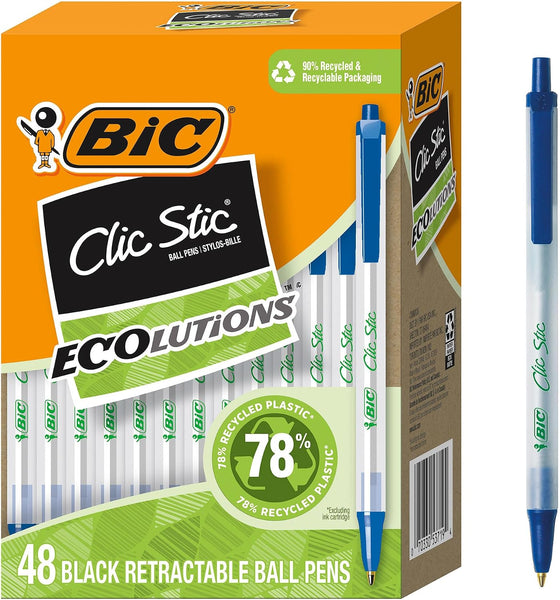 BIC Ecolutions Clic Stic Blue Ballpoint Pens, Medium Point (1.0mm), 48-Count Pack, Retractable Ball Point Pens Made from 78% Recycled Plastic